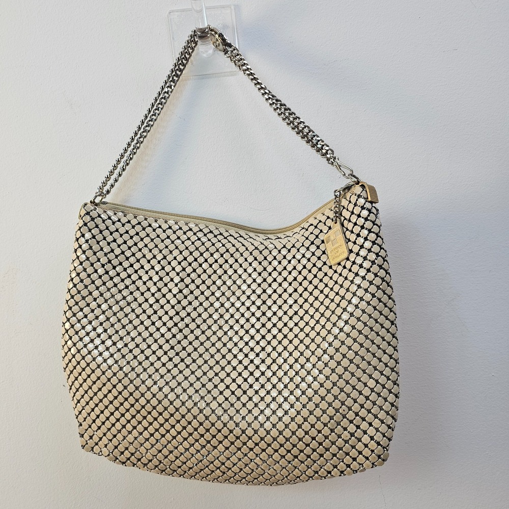 Vintage Retro Evening Glam Bag Cream Silver Metal Mesh Cocktail Purse Gold Chain